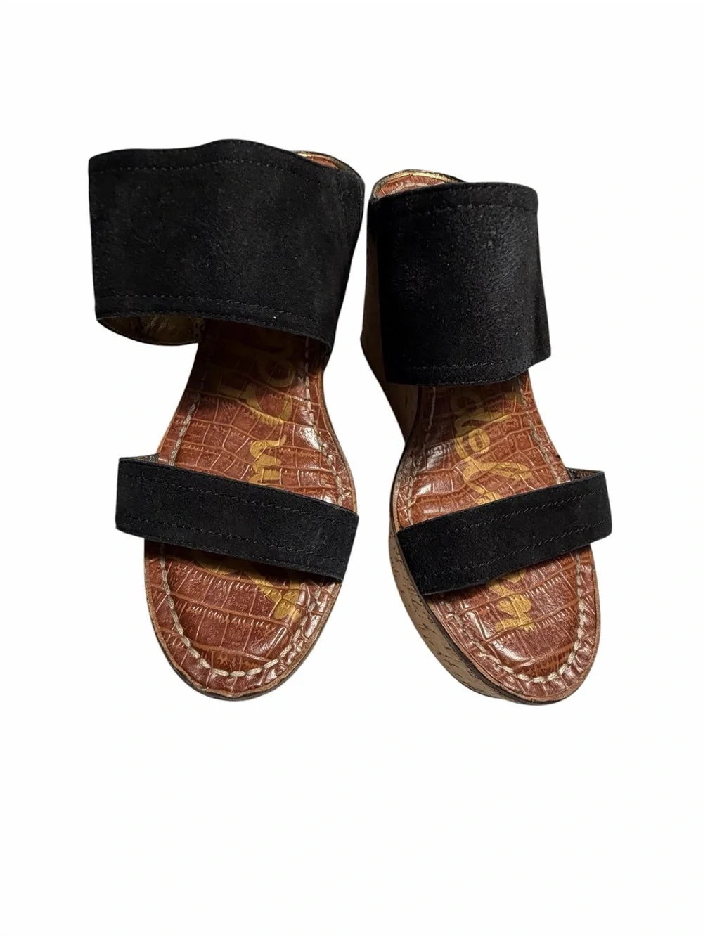 Sam Edelman Gala Women's Black Suede Two-Strap Cork Wedge Sandals Sz 8.5